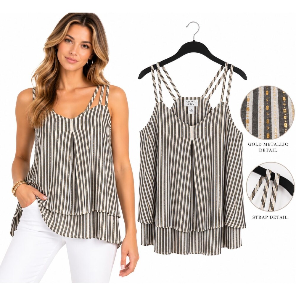 Crown & Ivy Layered Tank Top Size Large Striped Gold Metallic Strappy Sleeveless